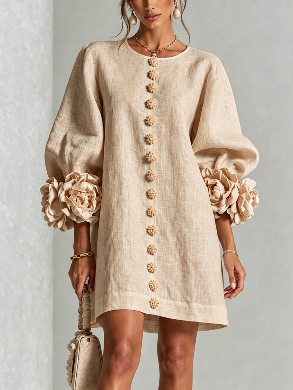 Gemma rosette-cuff balloon-sleeve mini shift dress