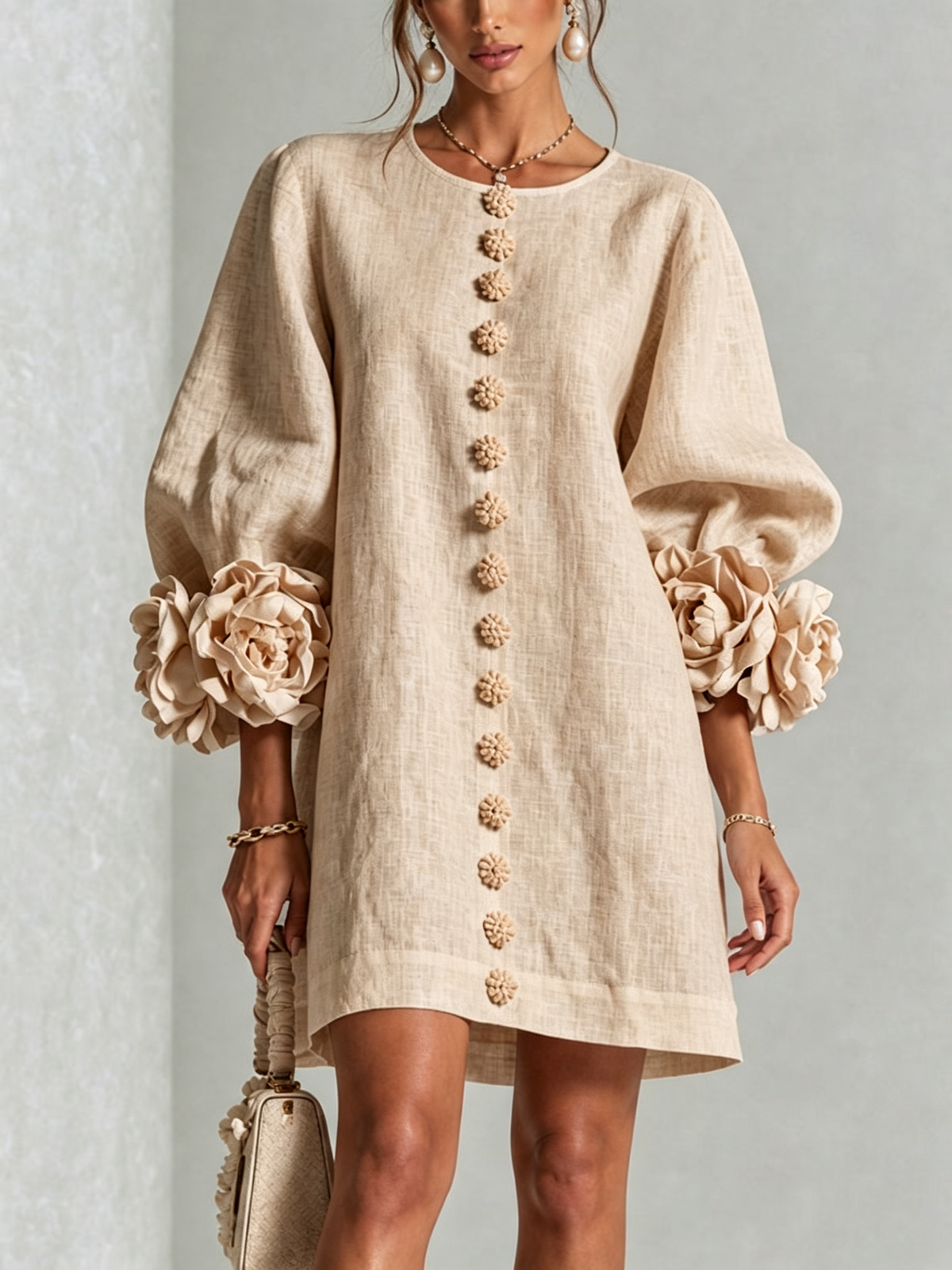 Gemma rosette-cuff balloon-sleeve mini shift dress