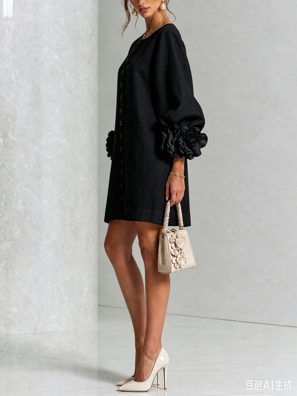 Gemma rosette-cuff balloon-sleeve mini shift dress