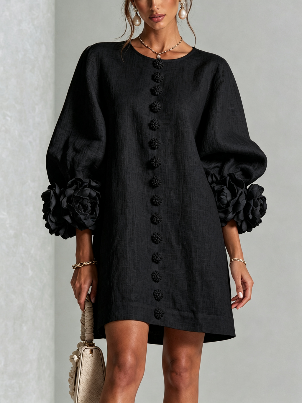 Gemma rosette-cuff balloon-sleeve mini shift dress