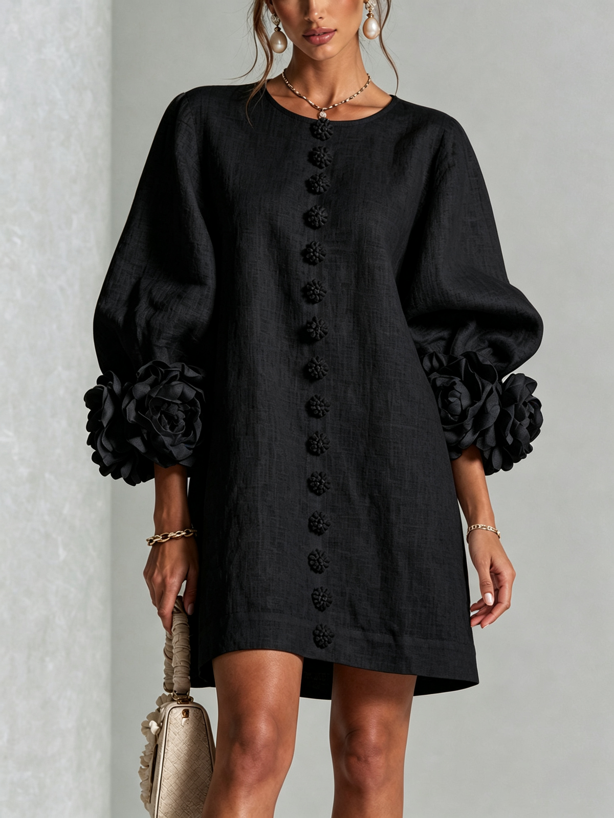 Gemma rosette-cuff balloon-sleeve mini shift dress