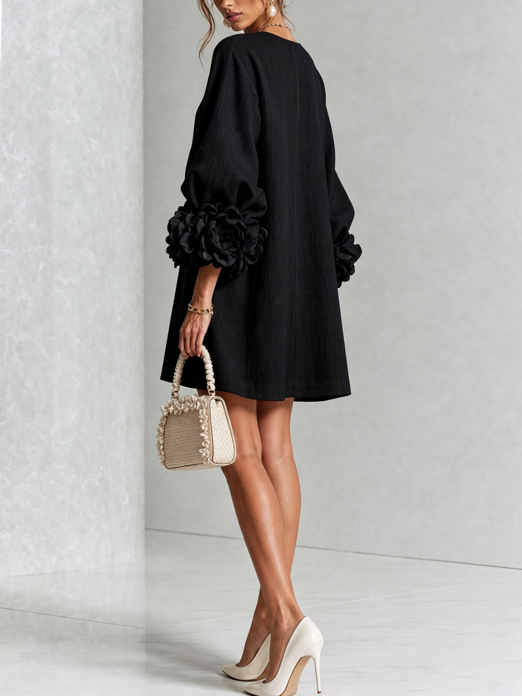 Gemma rosette-cuff balloon-sleeve mini shift dress