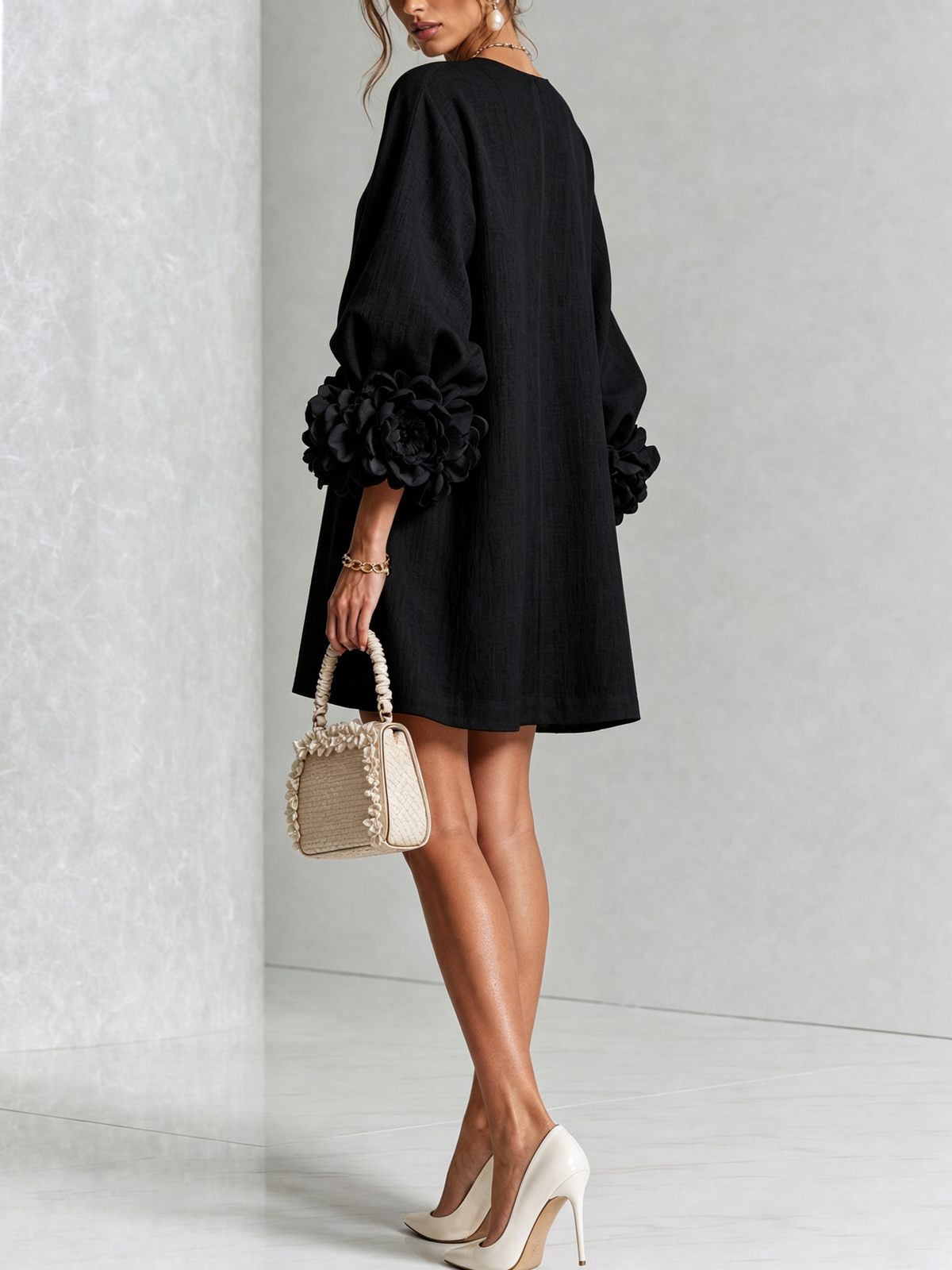 Gemma rosette-cuff balloon-sleeve mini shift dress