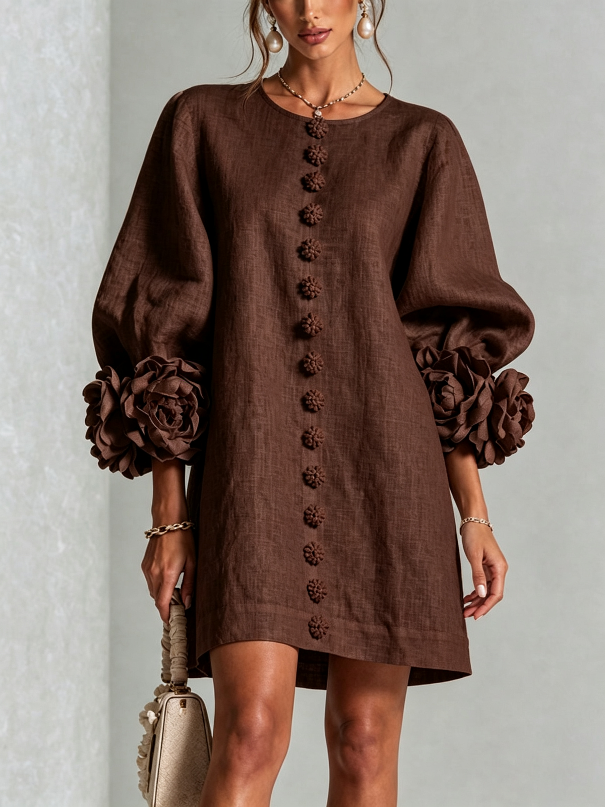 Gemma rosette-cuff balloon-sleeve mini shift dress