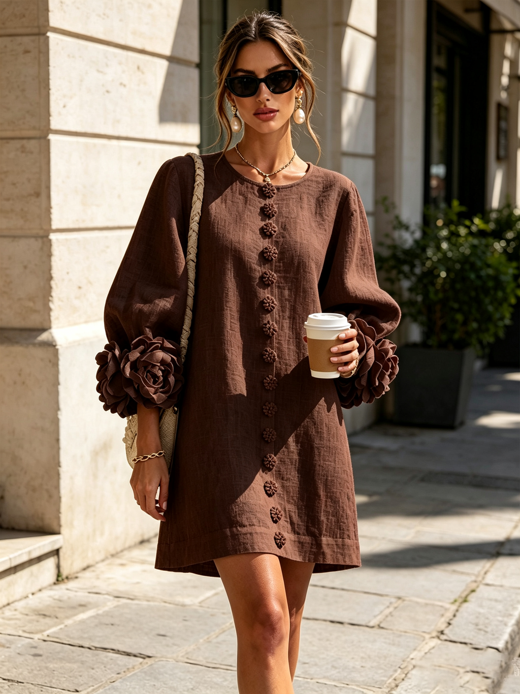 Gemma rosette-cuff balloon-sleeve mini shift dress