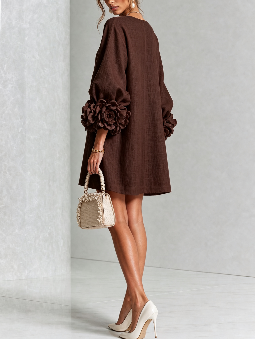 Gemma rosette-cuff balloon-sleeve mini shift dress