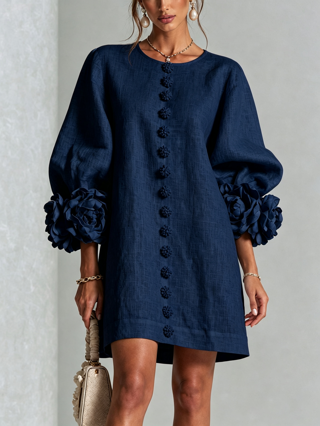 Gemma rosette-cuff balloon-sleeve mini shift dress