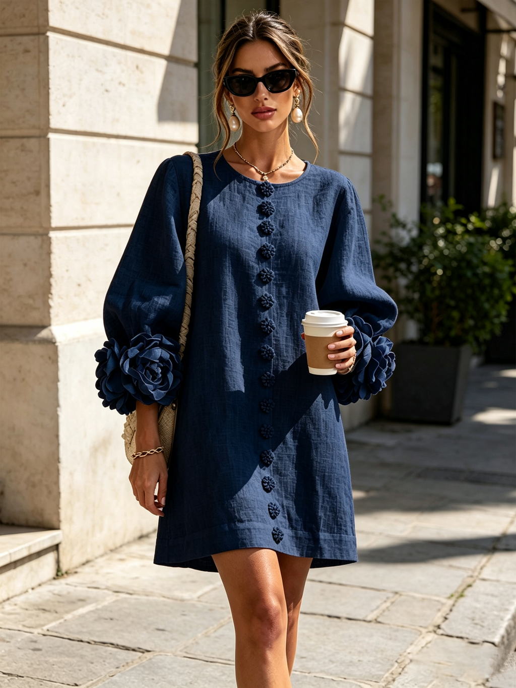 Gemma rosette-cuff balloon-sleeve mini shift dress
