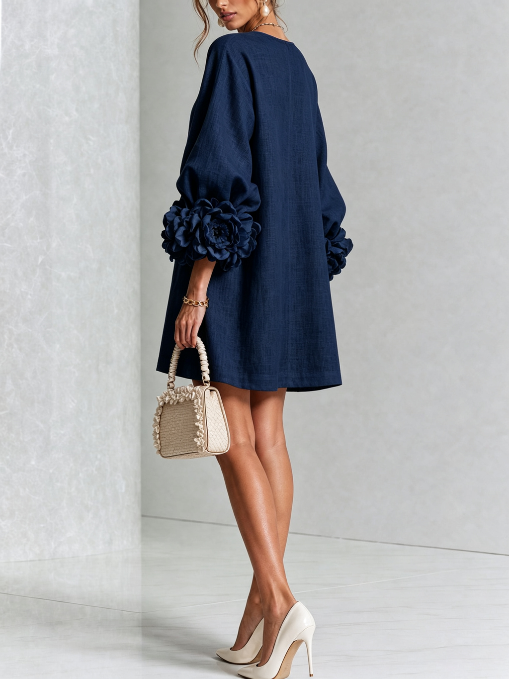 Gemma rosette-cuff balloon-sleeve mini shift dress