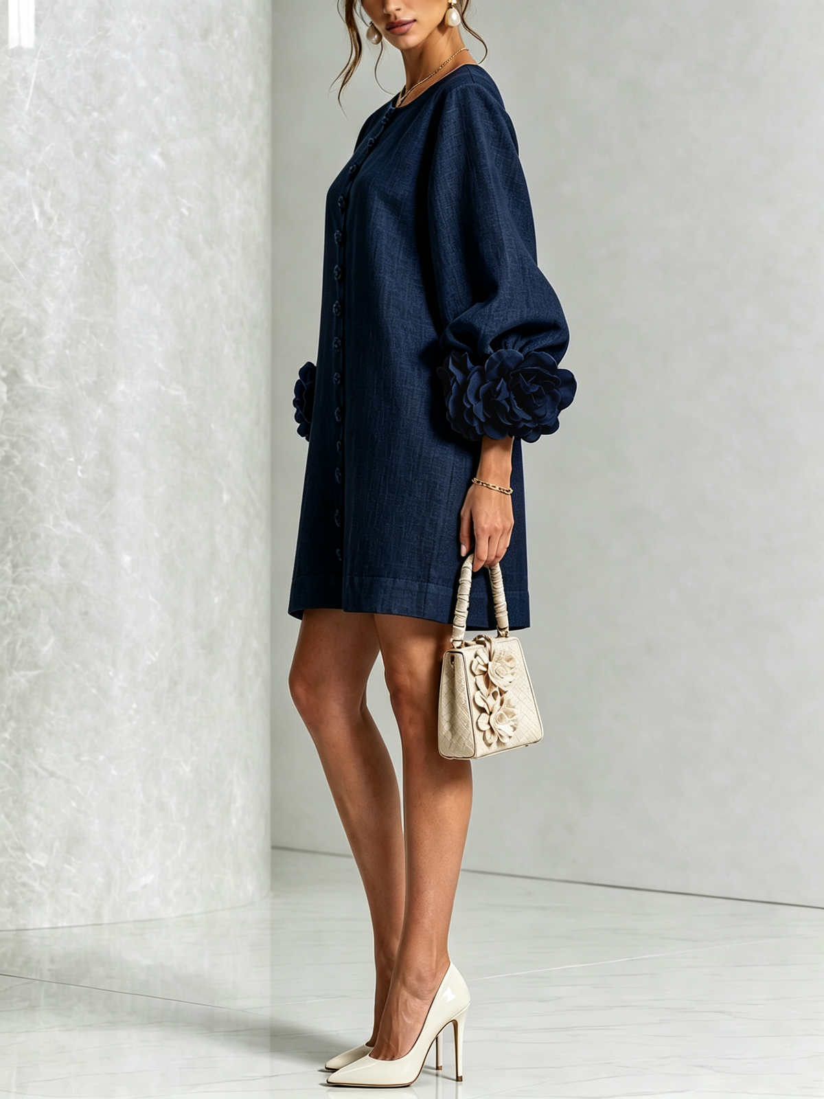 Gemma rosette-cuff balloon-sleeve mini shift dress