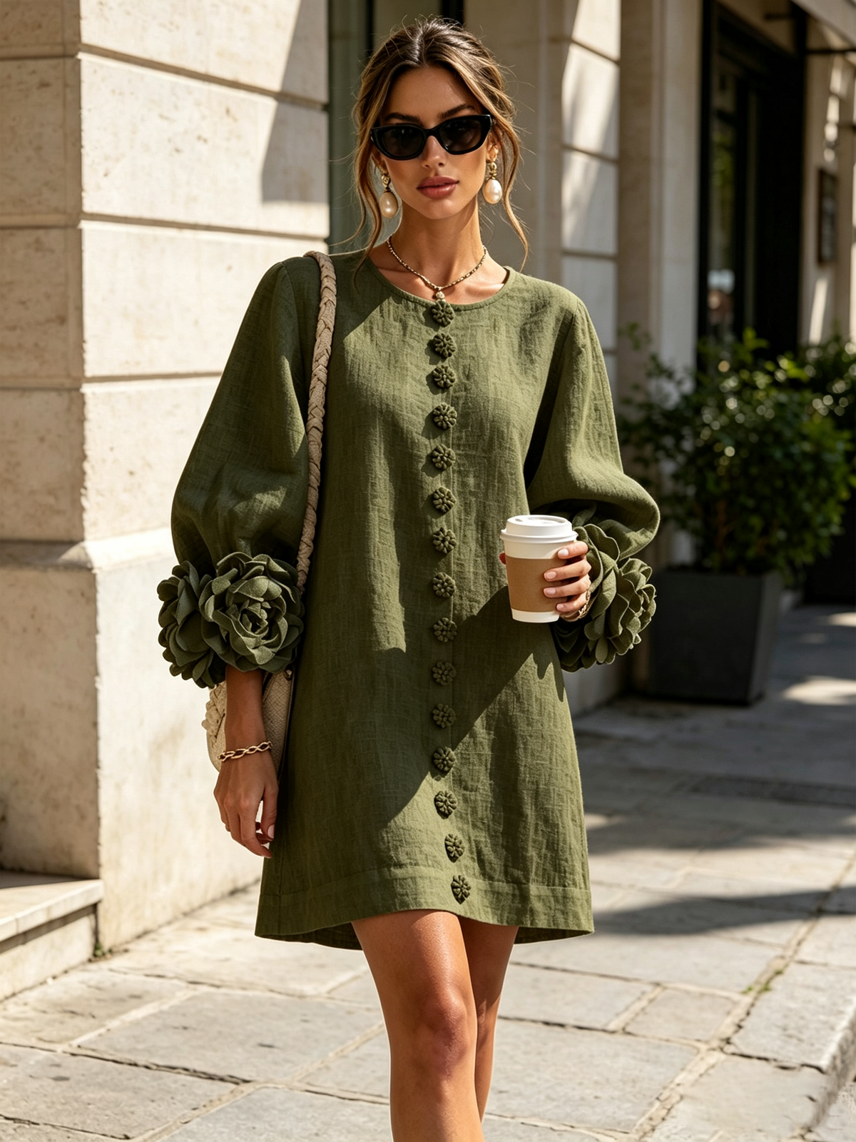 Gemma rosette-cuff balloon-sleeve mini shift dress