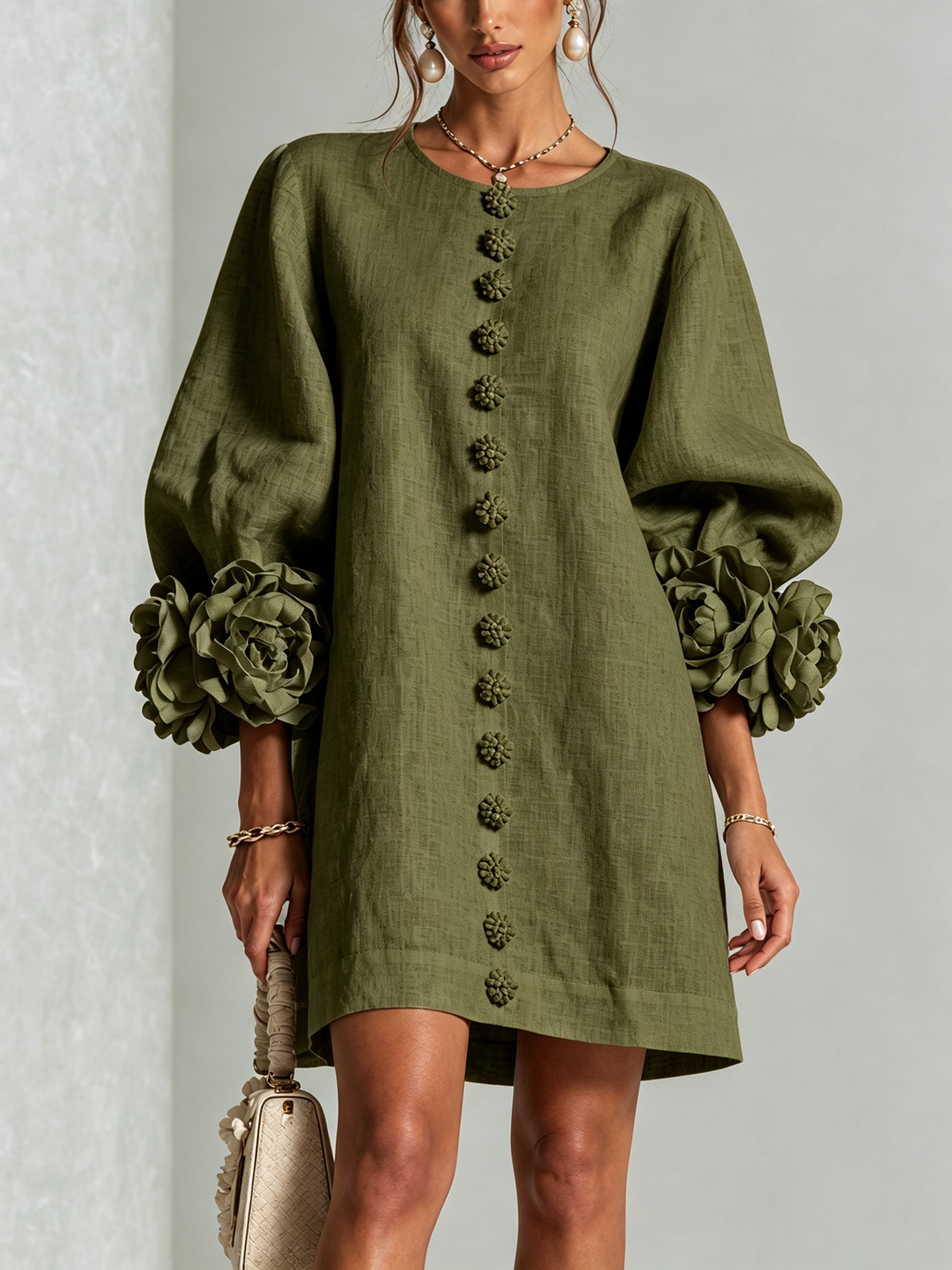 Gemma rosette-cuff balloon-sleeve mini shift dress