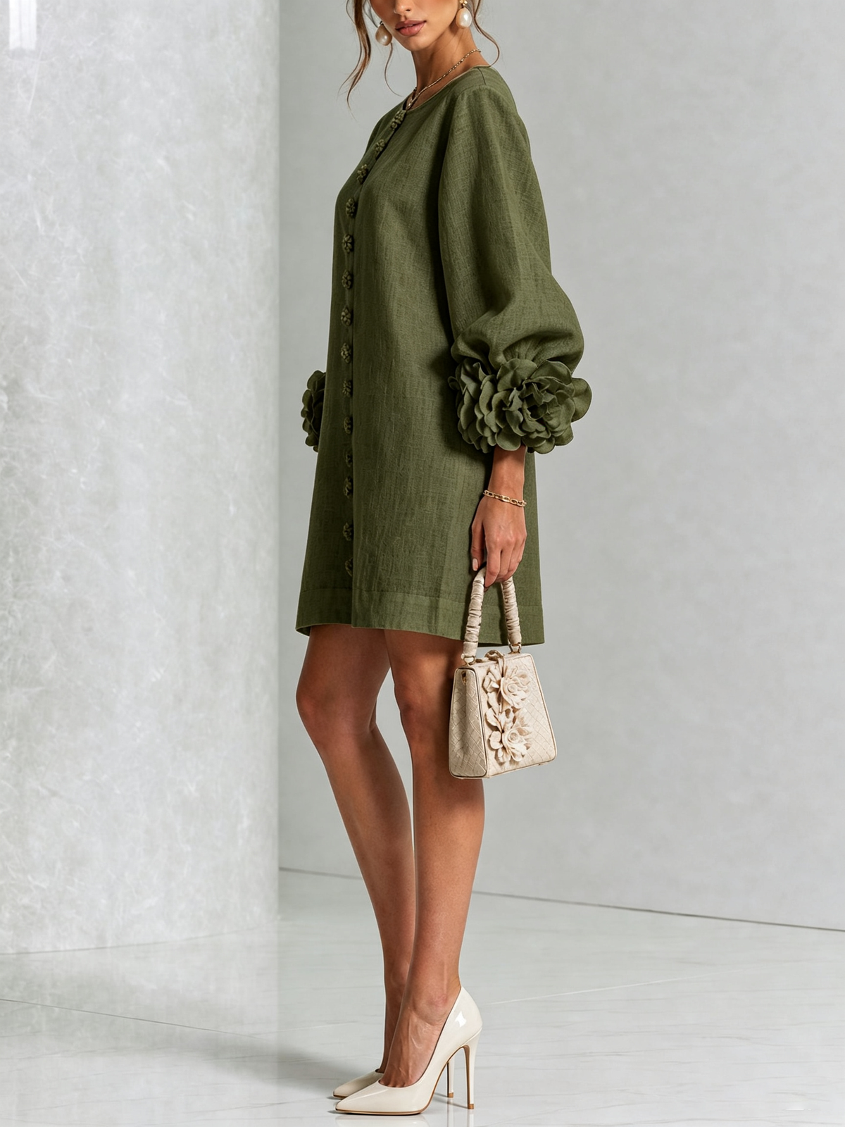 Gemma rosette-cuff balloon-sleeve mini shift dress