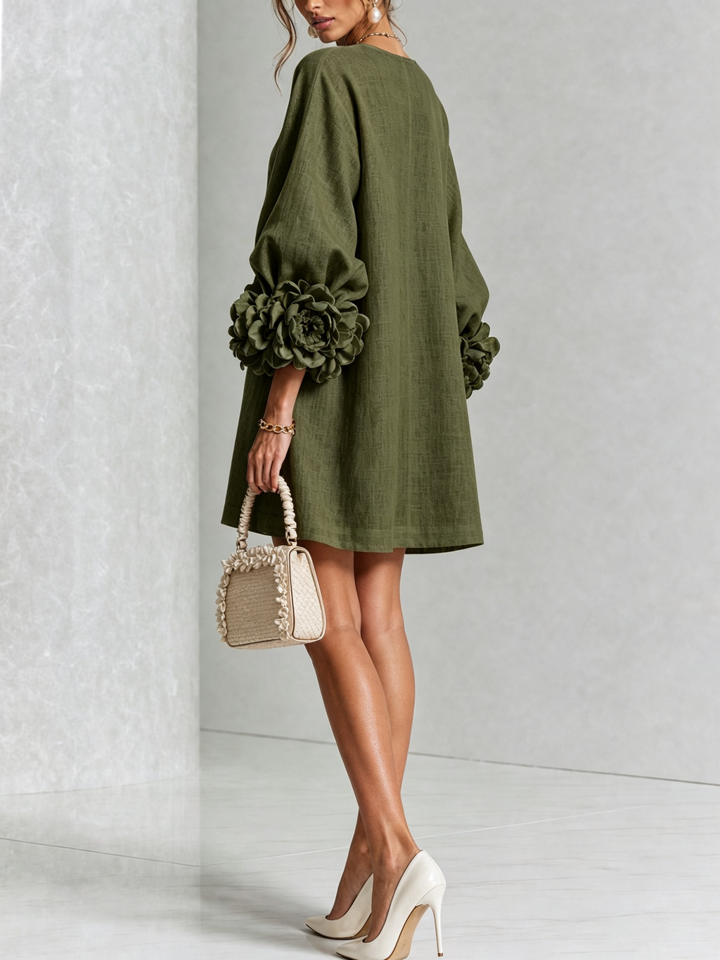 Gemma rosette-cuff balloon-sleeve mini shift dress