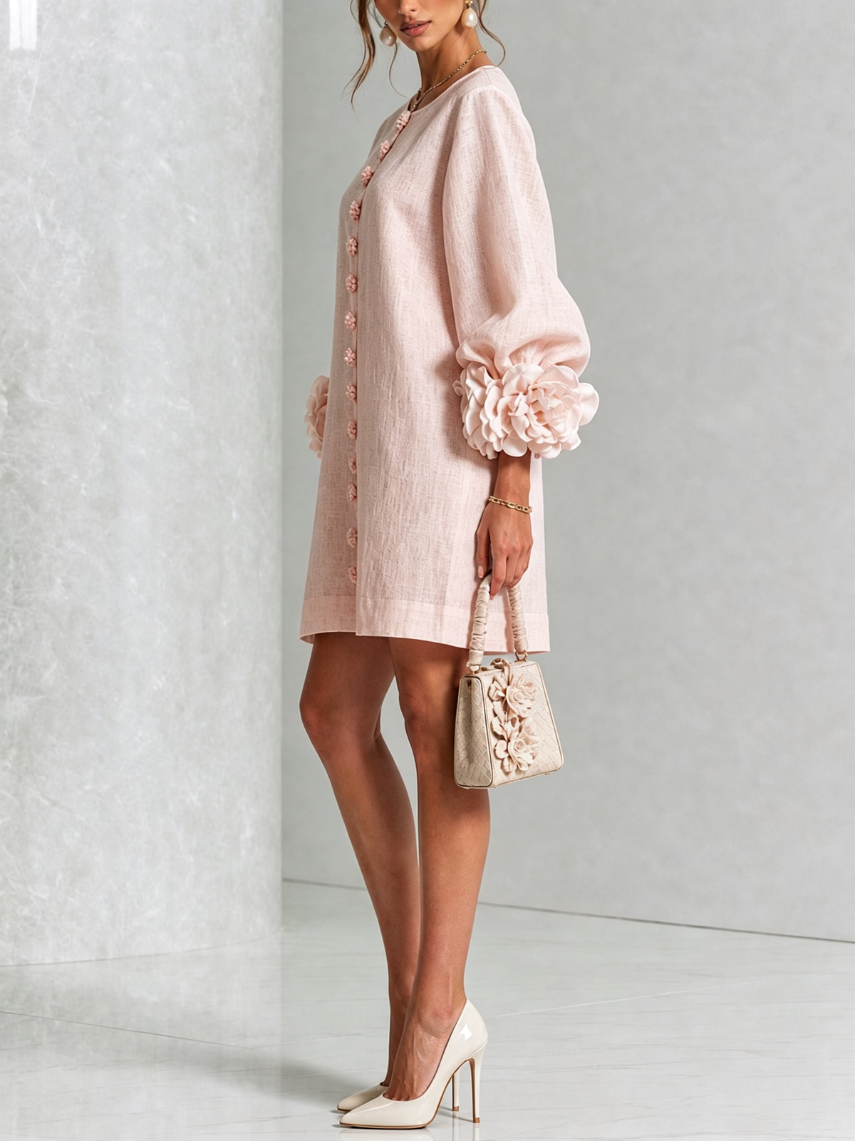 Gemma rosette-cuff balloon-sleeve mini shift dress