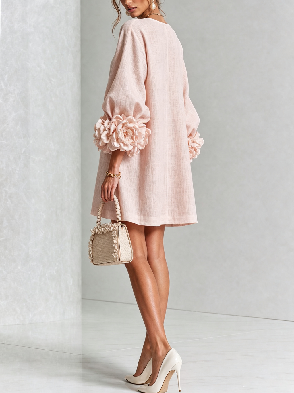 Gemma rosette-cuff balloon-sleeve mini shift dress