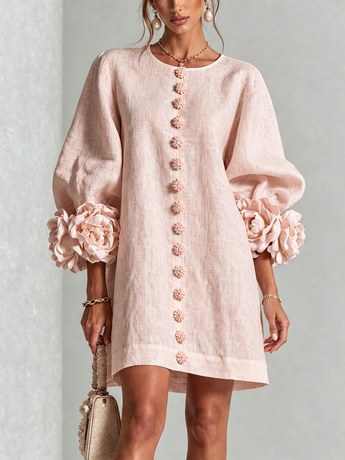 Gemma rosette-cuff balloon-sleeve mini shift dress
