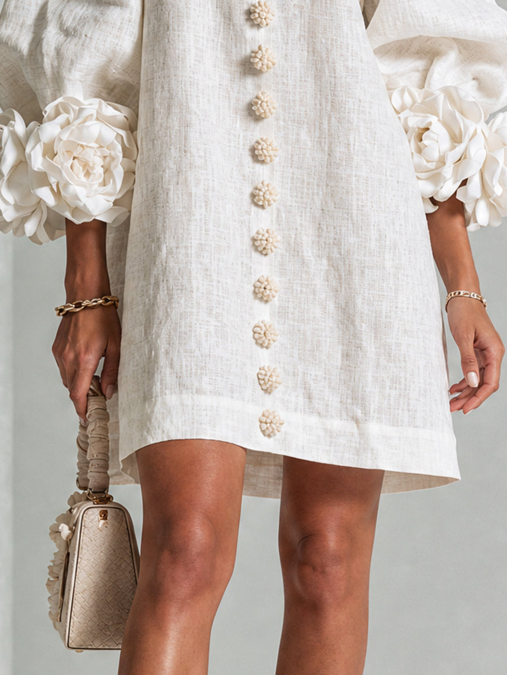 Gemma rosette-cuff balloon-sleeve mini shift dress