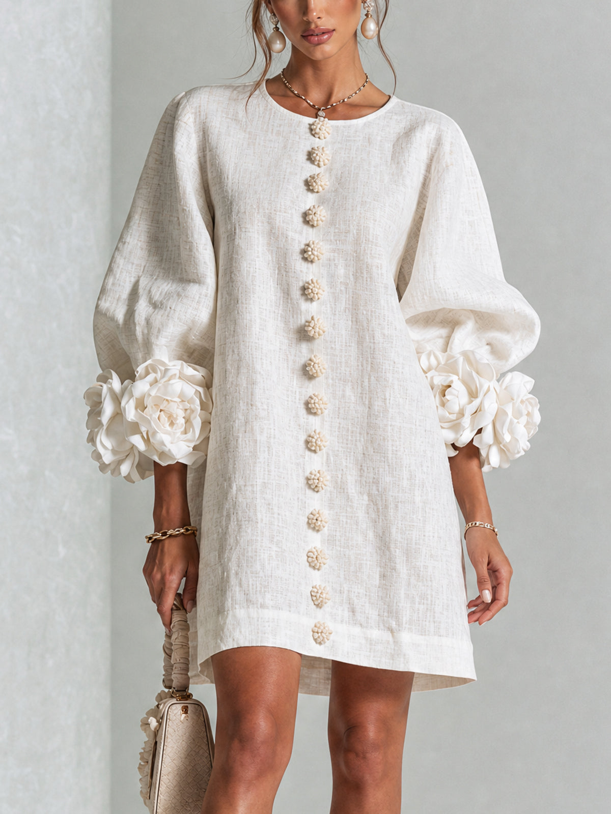 Gemma rosette-cuff balloon-sleeve mini shift dress