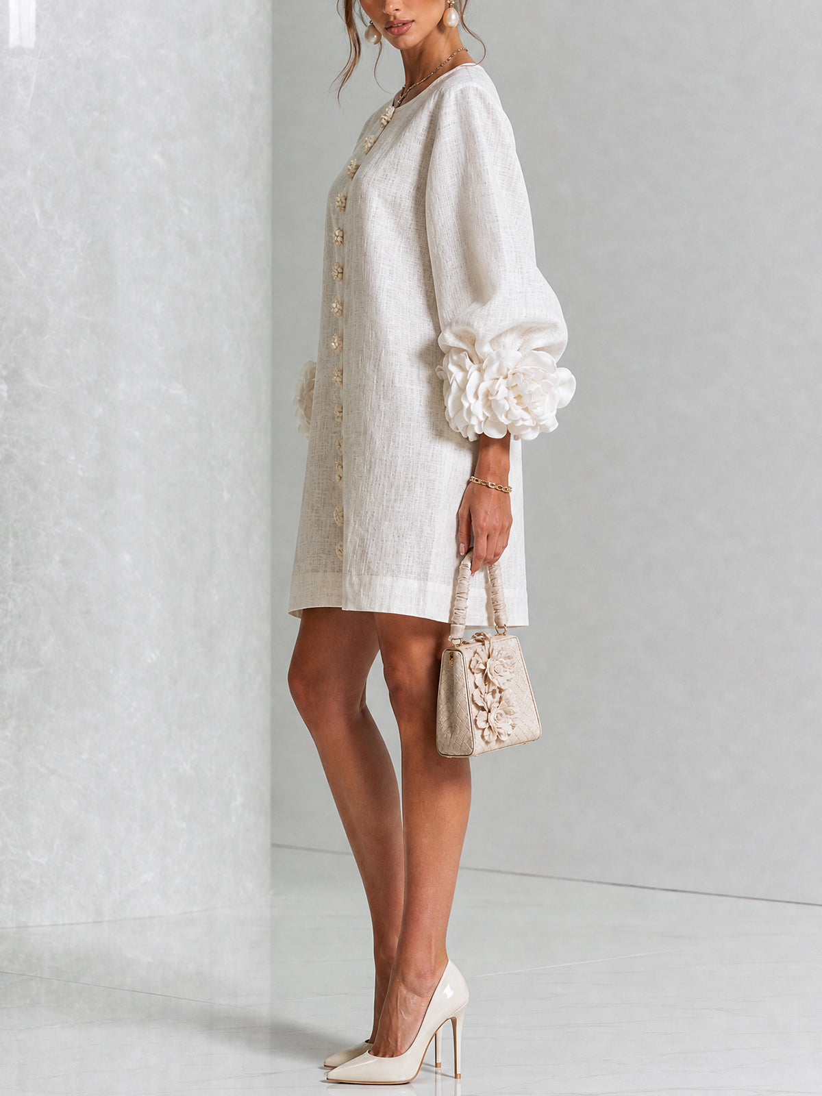 Gemma rosette-cuff balloon-sleeve mini shift dress