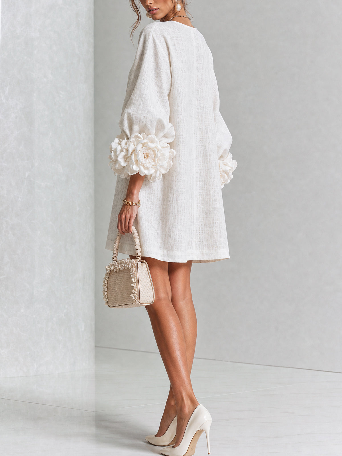 Gemma rosette-cuff balloon-sleeve mini shift dress