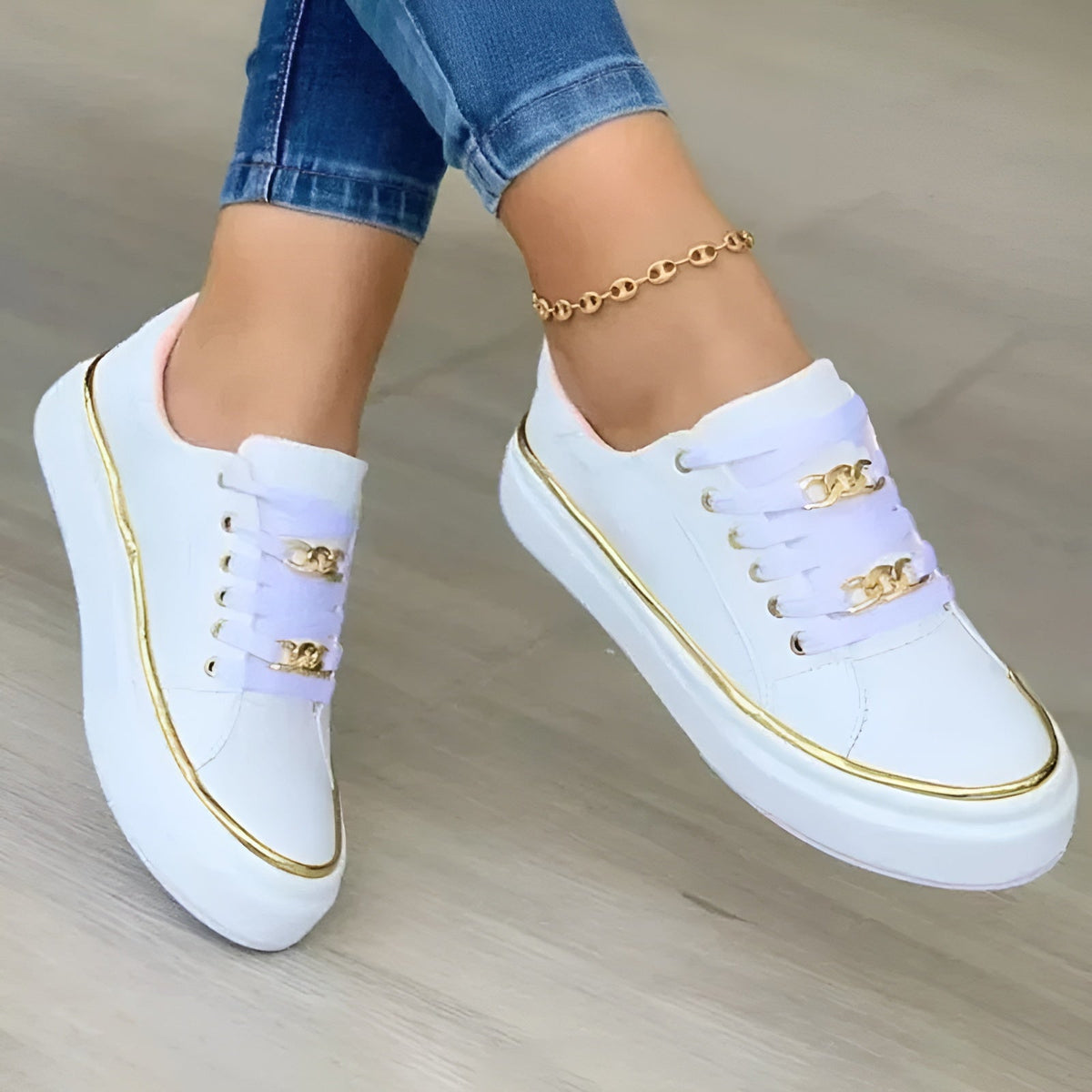 Harlow Flatform Lace-Up Sneakers | Women's Gold-Chain Trainers
