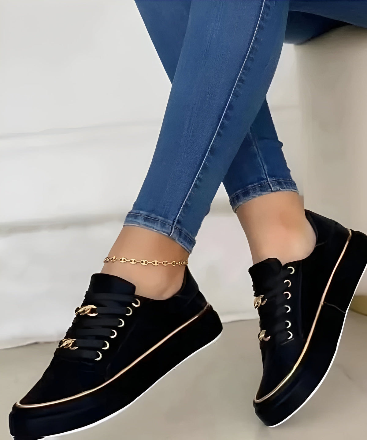 Harlow Flatform Lace-Up Sneakers | Women's Gold-Chain Trainers
