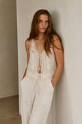 Zelda lace-trim tie-front top and pants two-piece set
