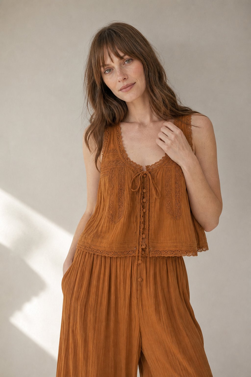 Zelda lace-trim tie-front top and pants two-piece set