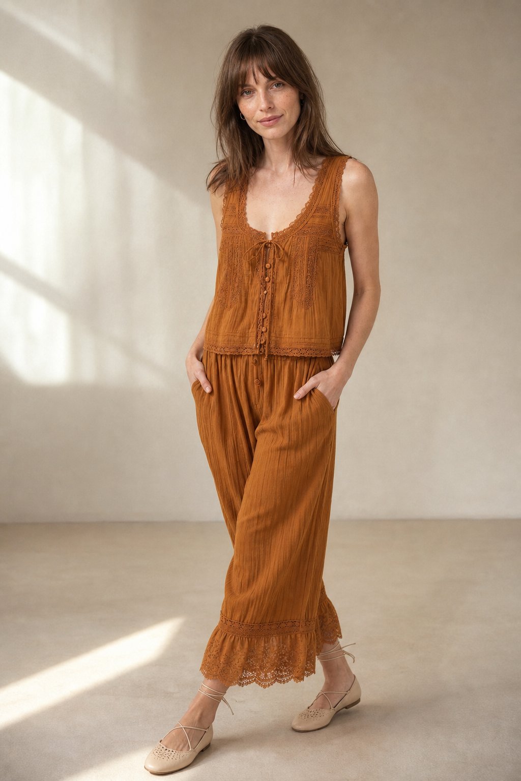 Zelda lace-trim tie-front top and pants two-piece set