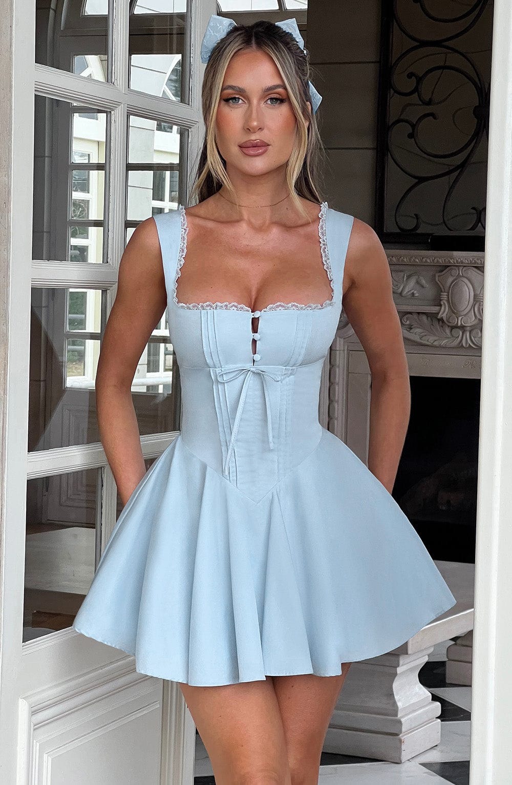 Meredith lace-trim corset-bodice blue mini sundress