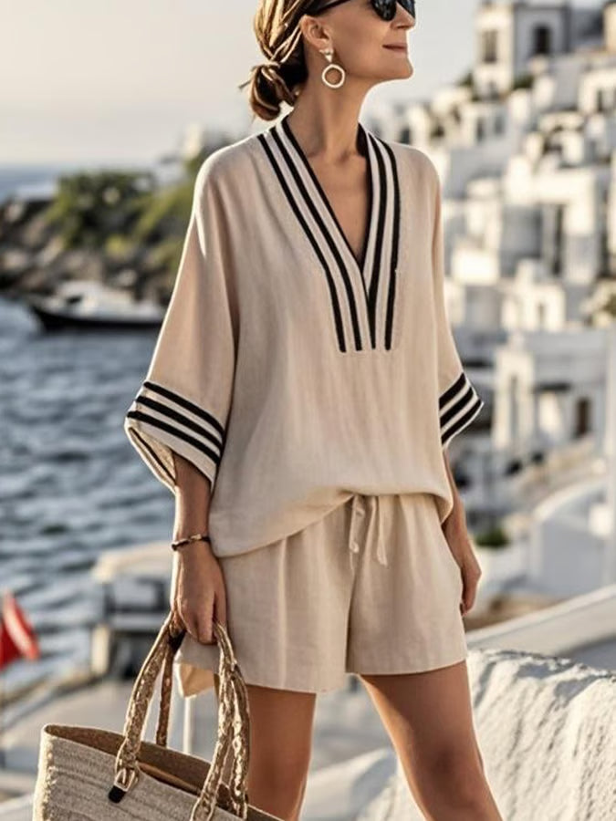 Vivienne striped trim v-neck top and shorts set