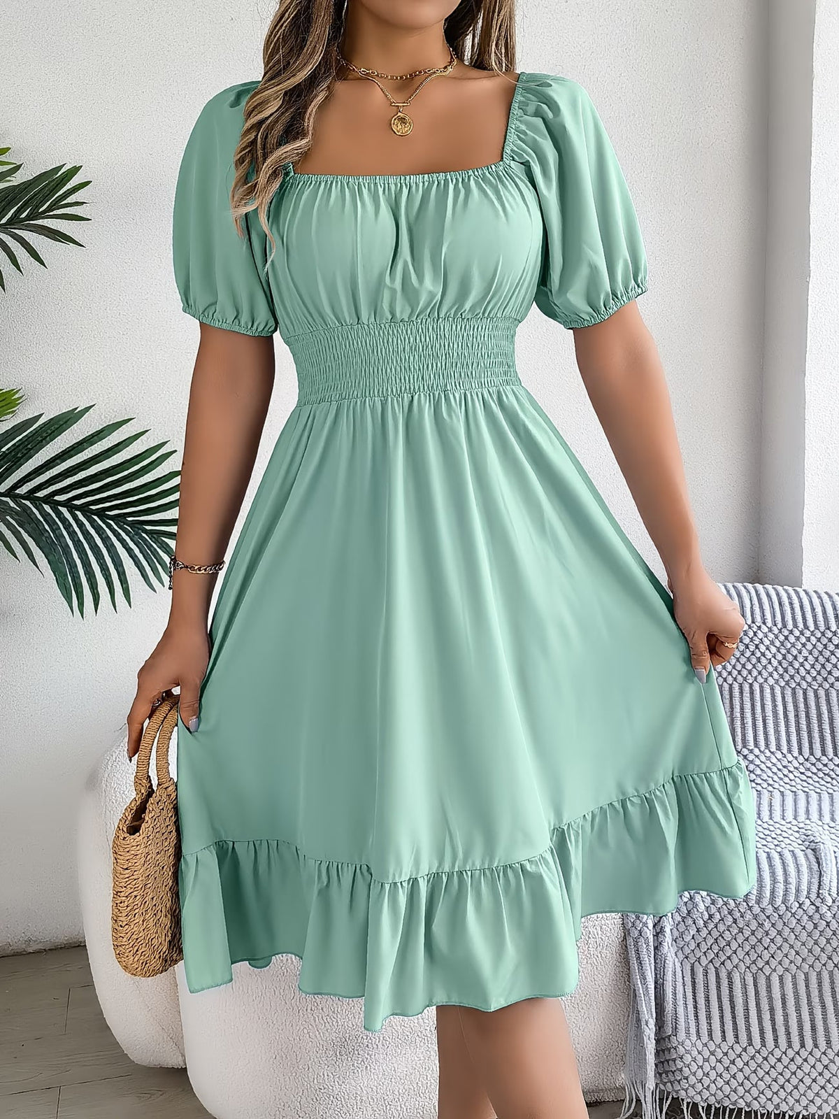 Hebe square-neck puff-sleeve smocked-waist midi dress