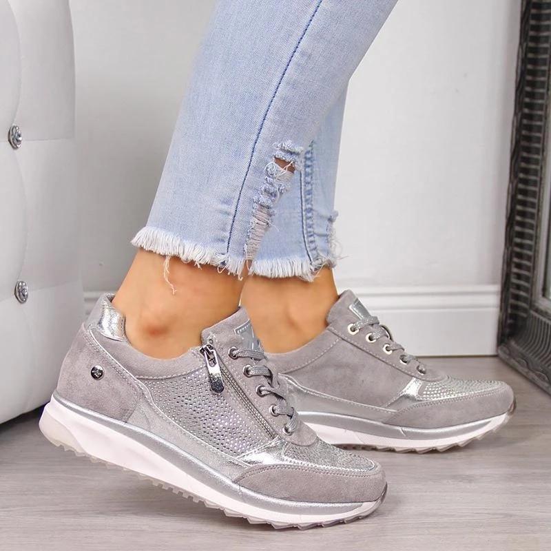 Sparkle Rhinestone Zip Trainers | Women's Metallic Lace-Up Sneakers