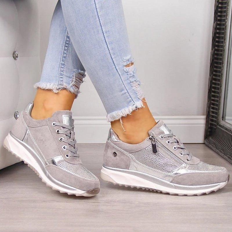Sparkle Rhinestone Zip Trainers | Women's Metallic Lace-Up Sneakers