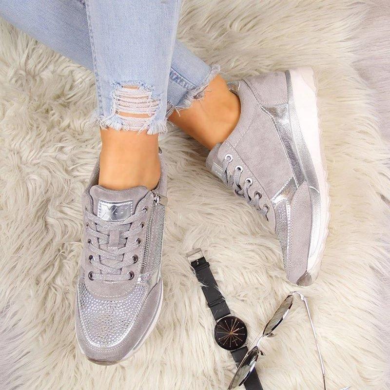 Sparkle Rhinestone Zip Trainers | Women's Metallic Lace-Up Sneakers