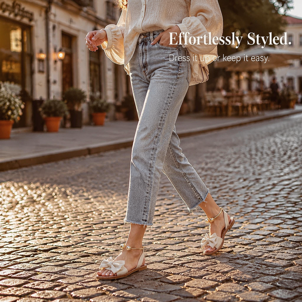 Corwyn Bow Flat Sandals | Women's Pearl Ankle-Cuff Sandals