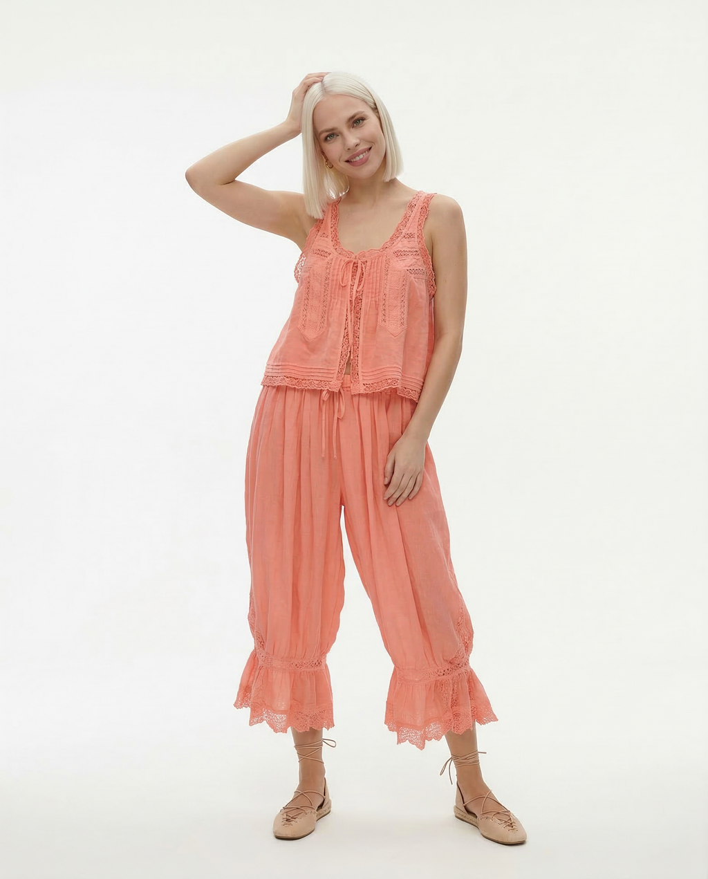Zelda lace-trim tie-front top and pants two-piece set