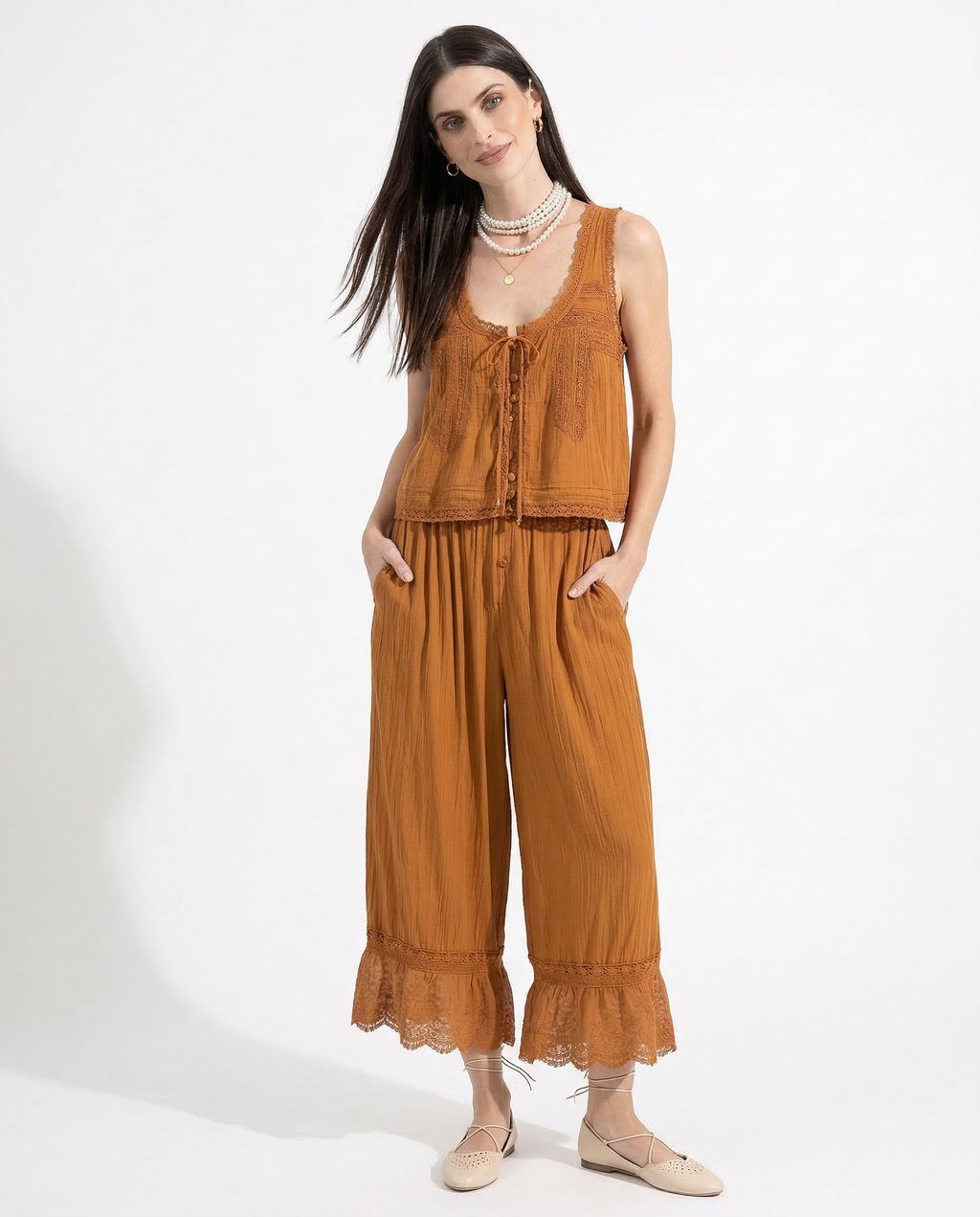 Zelda lace-trim tie-front top and pants two-piece set