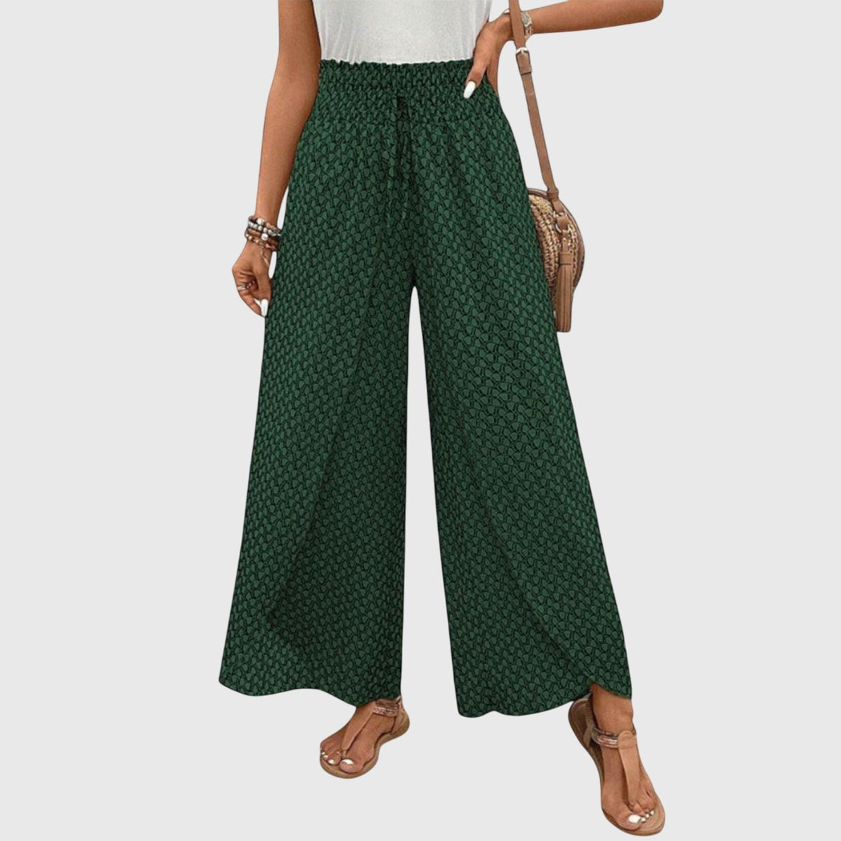Lucy high-waisted smocked wrap-front palazzo pants