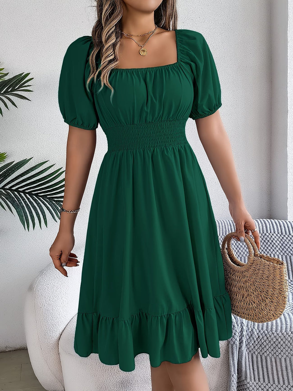 Hebe square-neck puff-sleeve smocked-waist midi dress