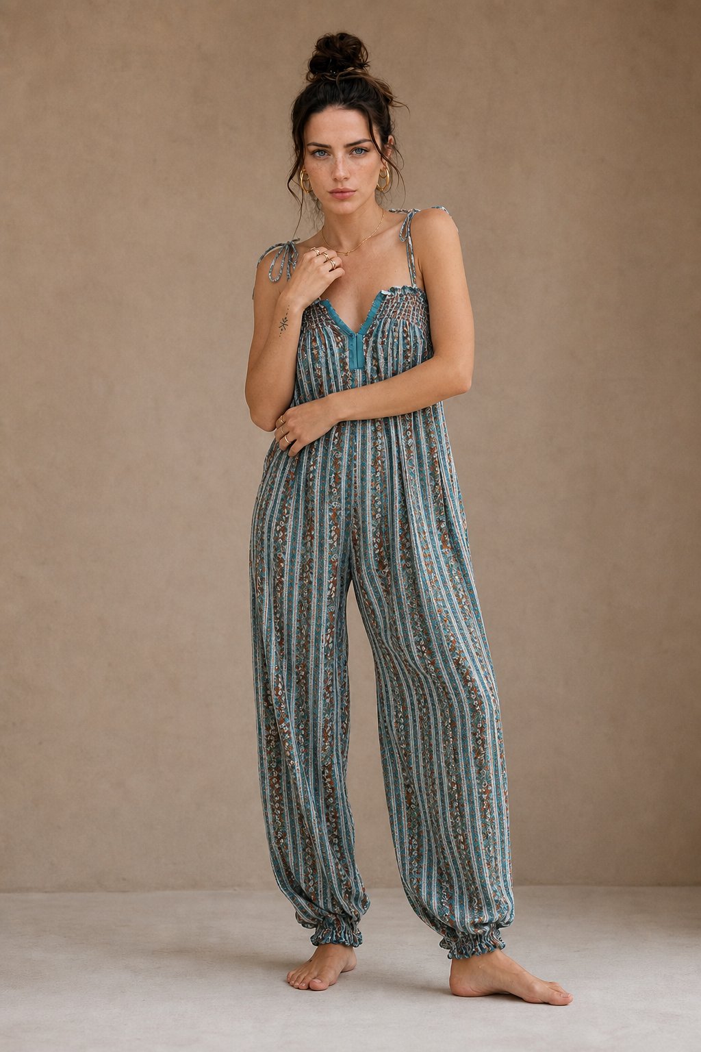 Odile smocked tie-strap harem jumpsuit