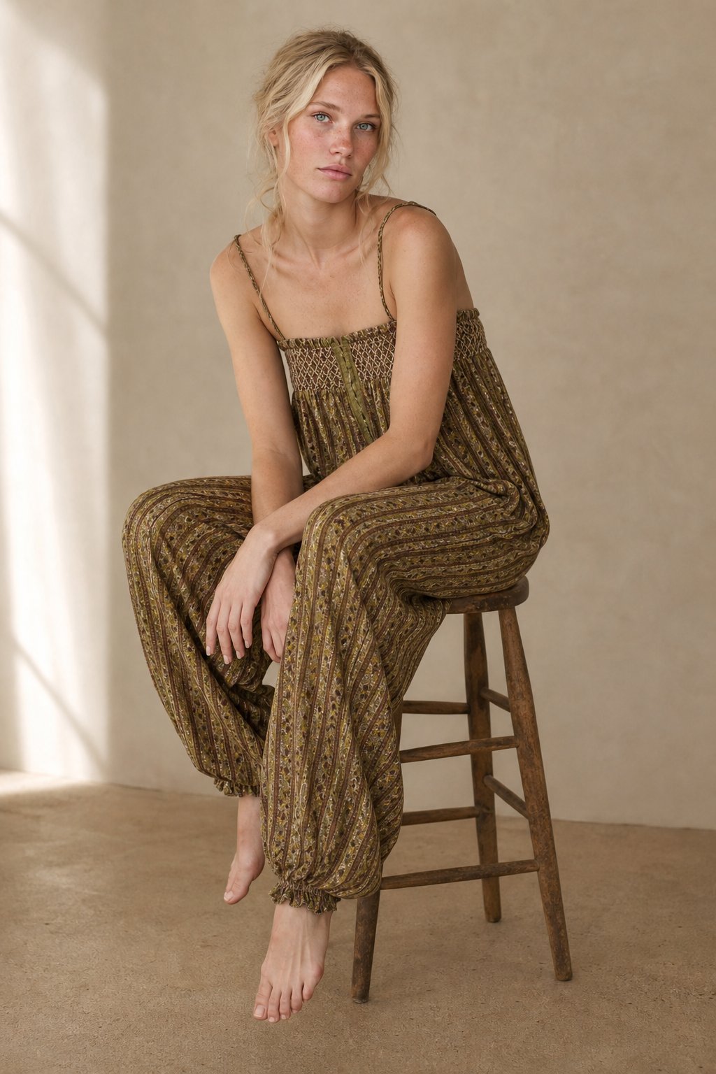 Odile smocked tie-strap harem jumpsuit