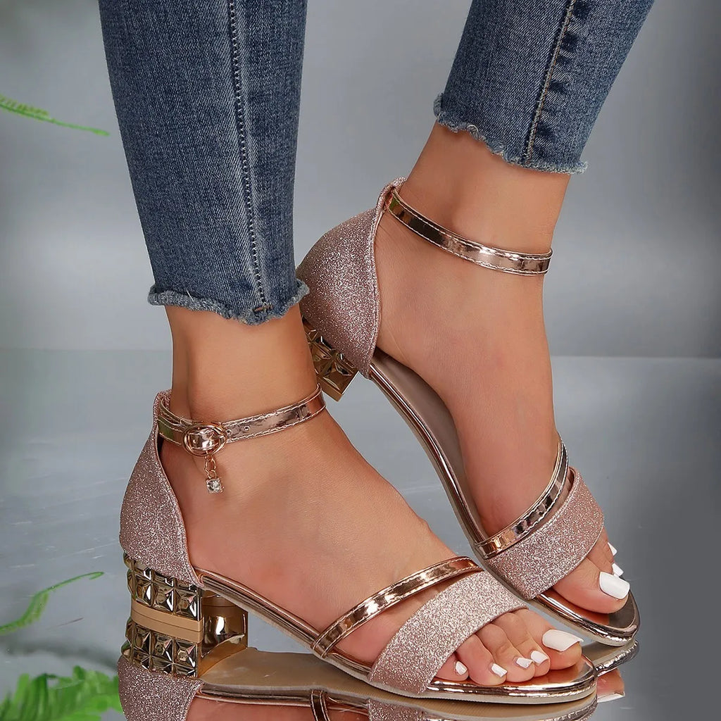 Evadne Block Heel Sandals | Women's Metallic Ankle-Strap Sandals