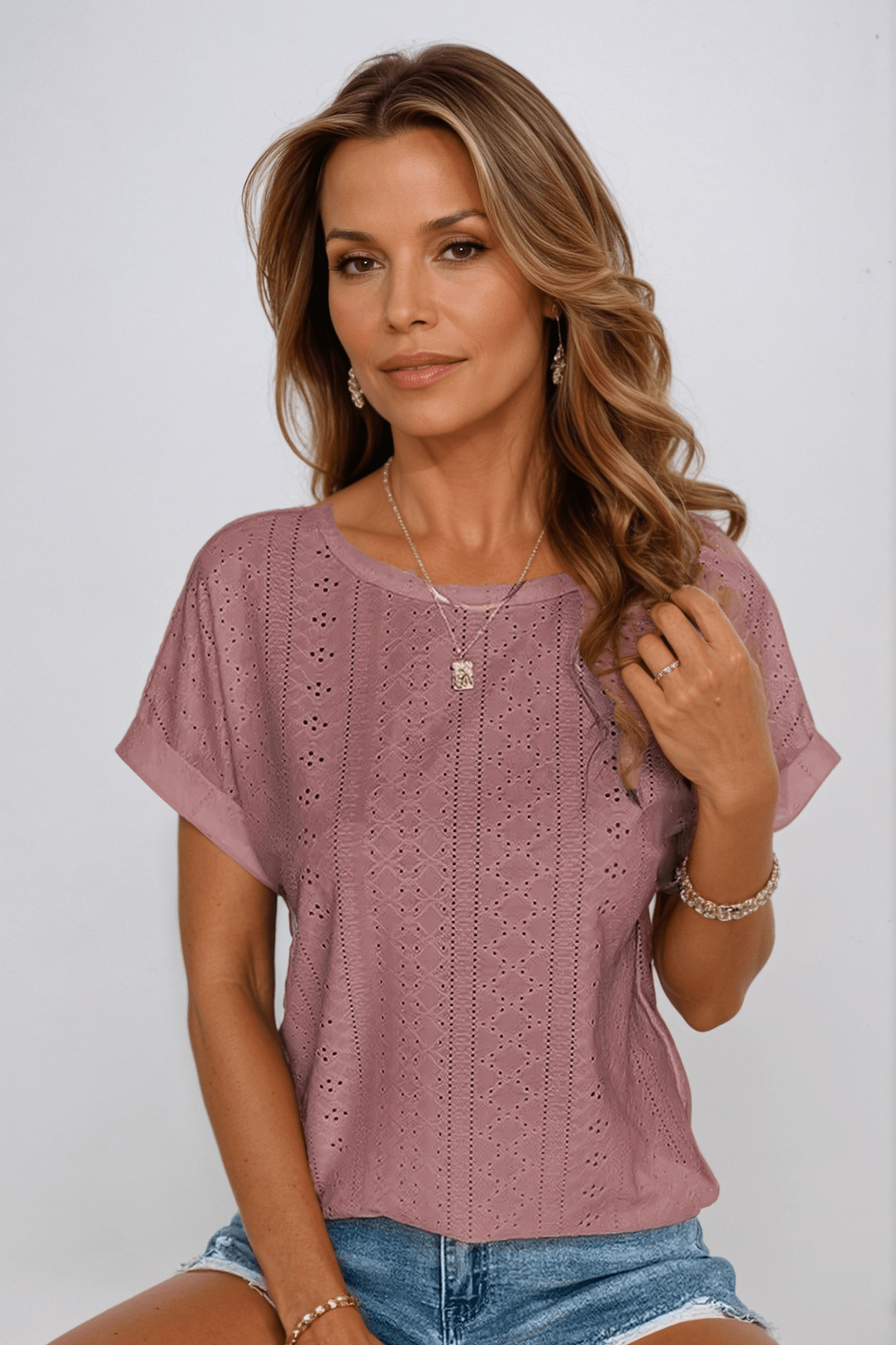 Marcelle eyelet cuffed-sleeve round-neck top
