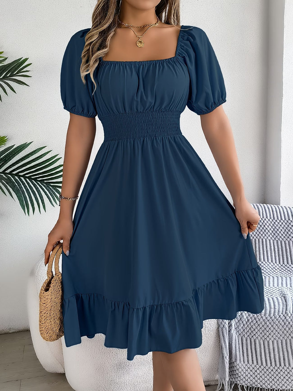 Hebe square-neck puff-sleeve smocked-waist midi dress