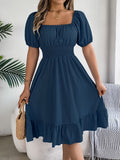 Hebe square-neck puff-sleeve smocked-waist midi dress