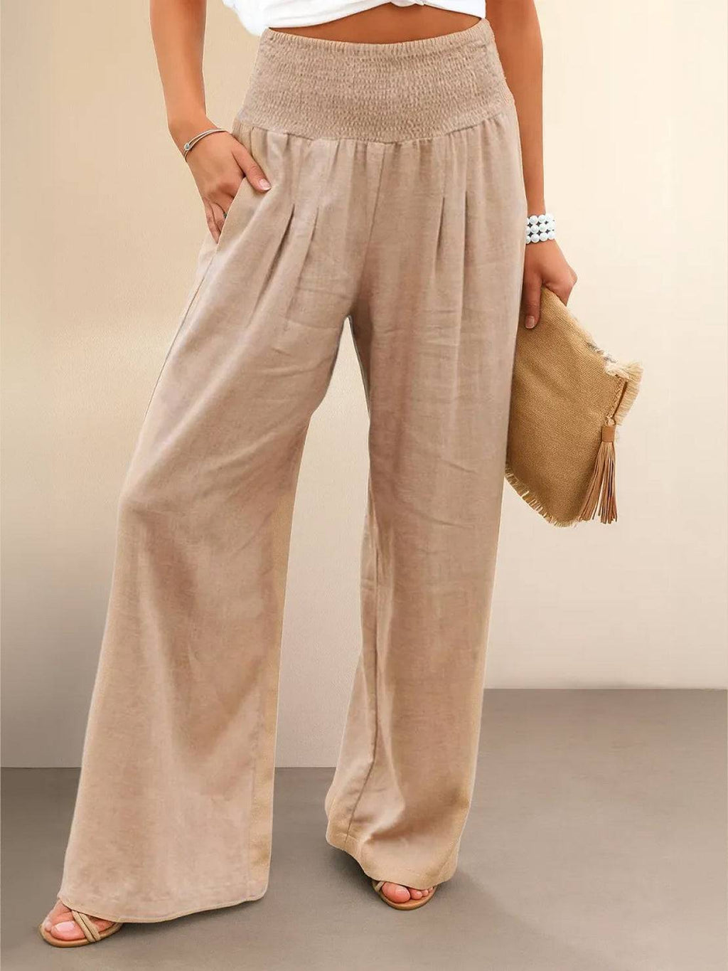 Petra Smocked Palazzo Pants | Women's High-Waist Wide-Leg Trousers