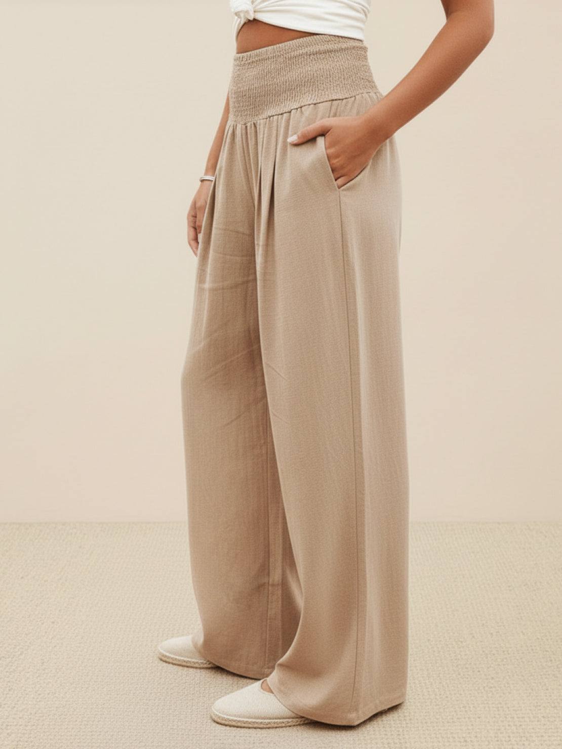 Petra Smocked Palazzo Pants | Women's High-Waist Wide-Leg Trousers