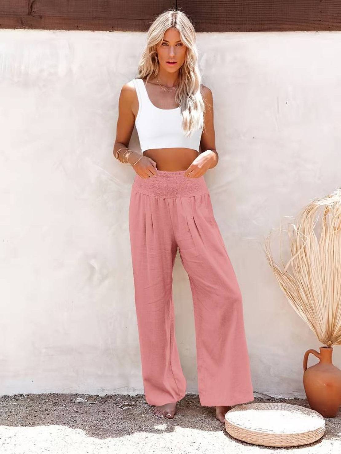 Petra Smocked Palazzo Pants | Women's High-Waist Wide-Leg Trousers